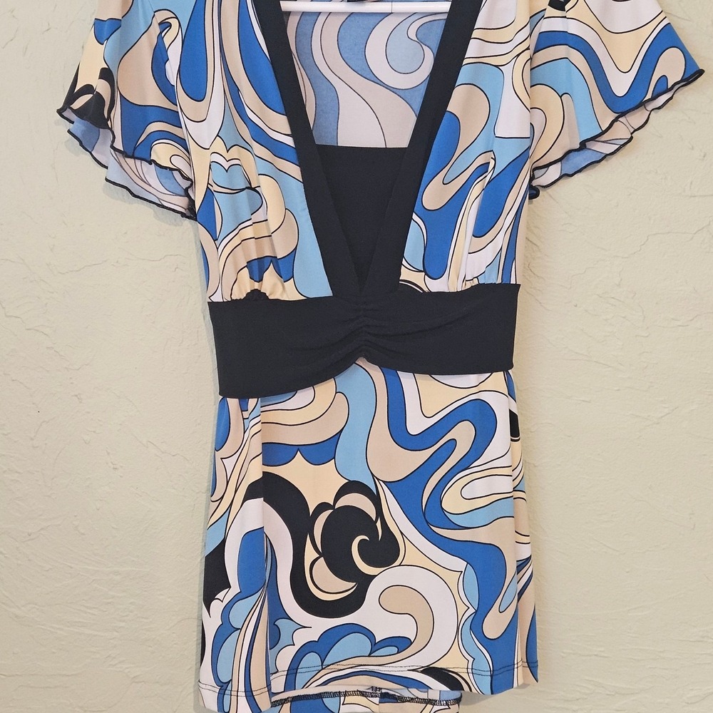 AB Studio‎ Y2K V-Neck Empire Waist Swirl Print Babydoll Top